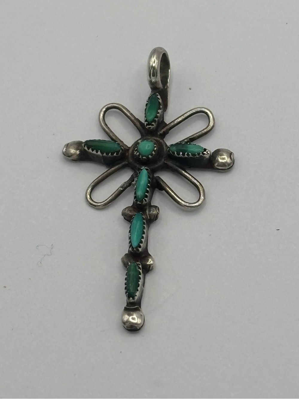 Vtg Sterling Silver Turquoise Cross Pendant Petite Point Native American 1.5”